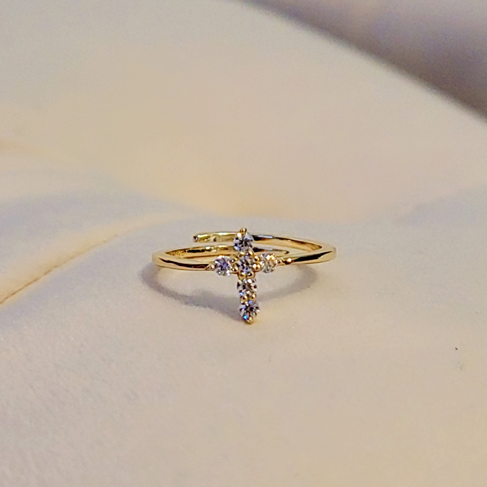 Adjustable Cross Moissanite Ring 14K Gold-Plated 925 Sterling Silver